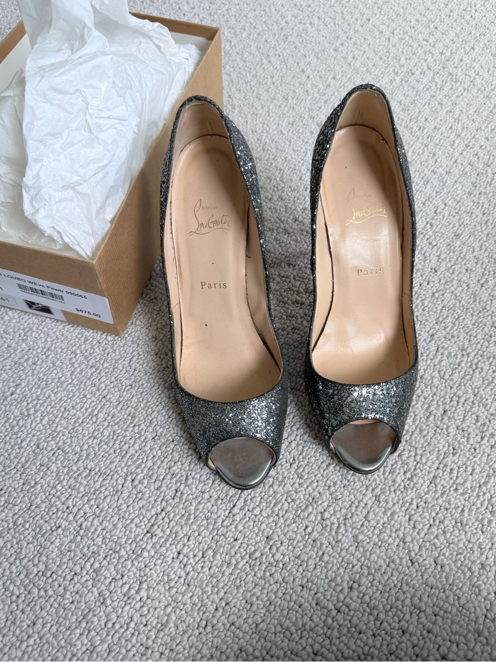 Christian Louboutin Silver Glitter Peep-Toe Pumps
